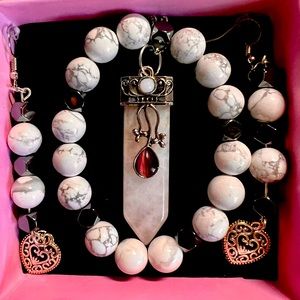 Howlite, hematite, and milky quartz necklace set